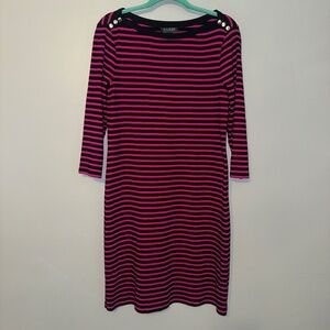 EUC Lauren Ralph Lauren Magenta Navy Striped Knit Shift Dress Size Large